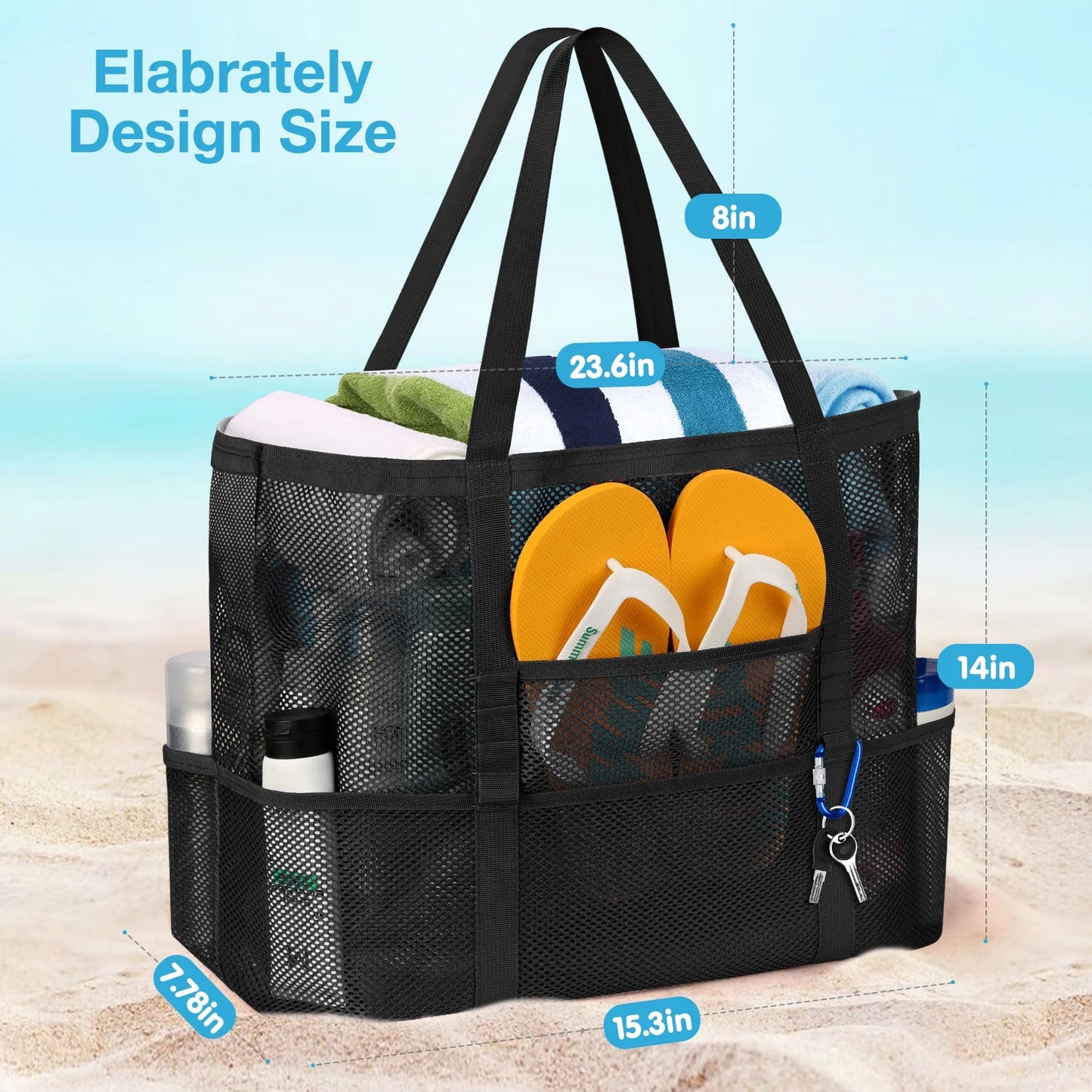 Mesh Beach Bag Rope Handles, Mesh Tote Bag for Women Contains Wicker Oversized Beach Tote Bag with 9 Small Pockets（Black）
